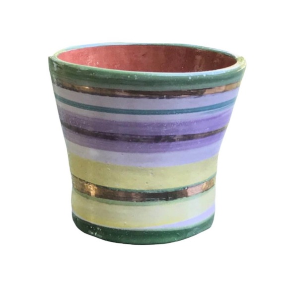 Pottery Vase in Lavender Green Yellow & Metallic Gold Stripes/Pen-Pencil Holder - Picture 3 of 12